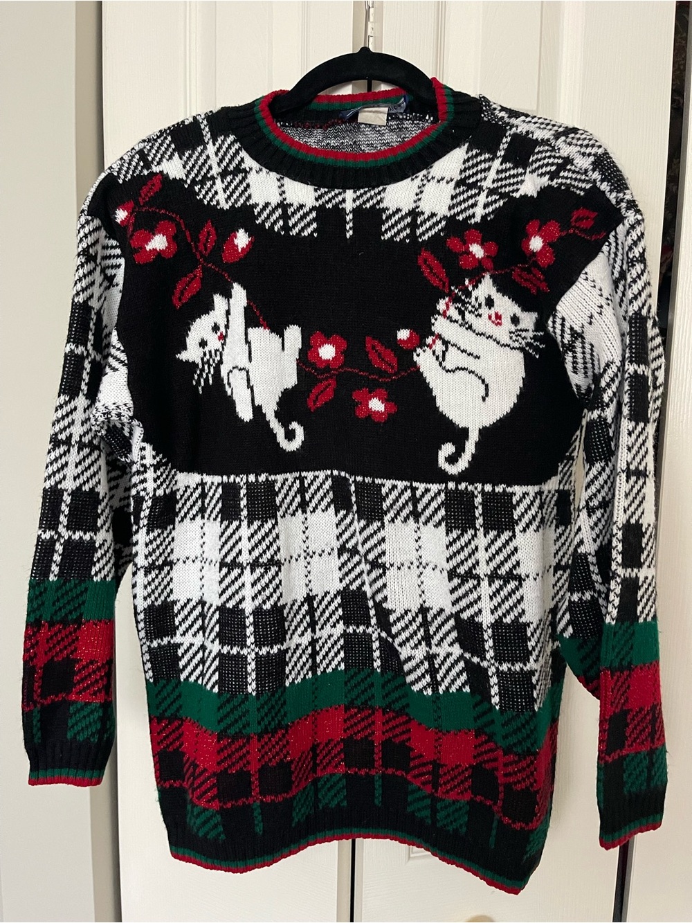 Vintage Black Plaid Cat Knit Sweater with Red & Green Accents Holiday Sweater